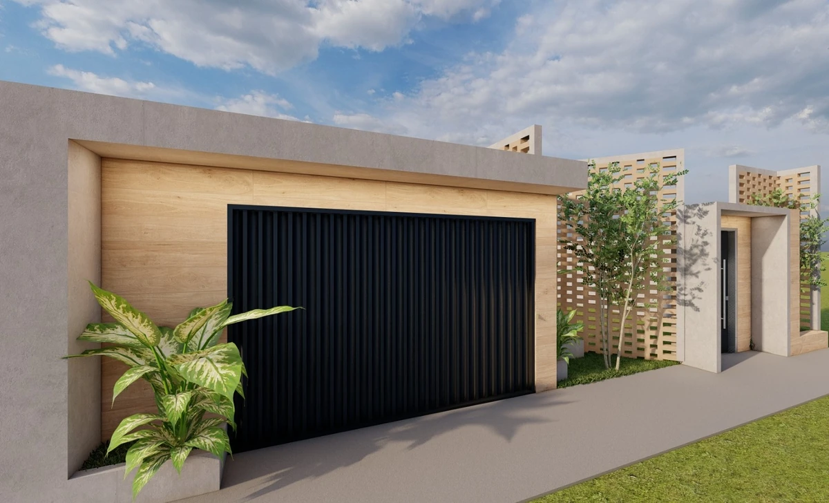 Perspectiva da garagem com portão ripado preto e moldura de concreto.