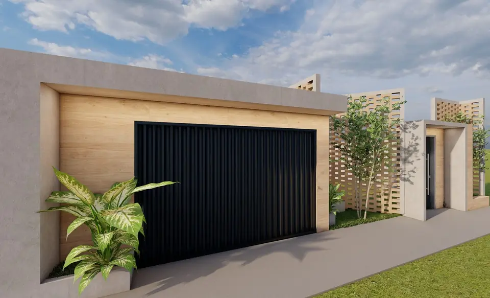 Perspectiva da garagem com portão ripado preto e moldura de concreto.