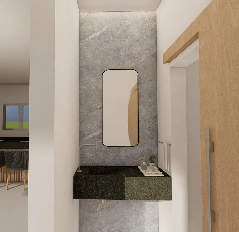 Lavabo visto a partir da sala de jantar, com bancada suspensa em granito verde.