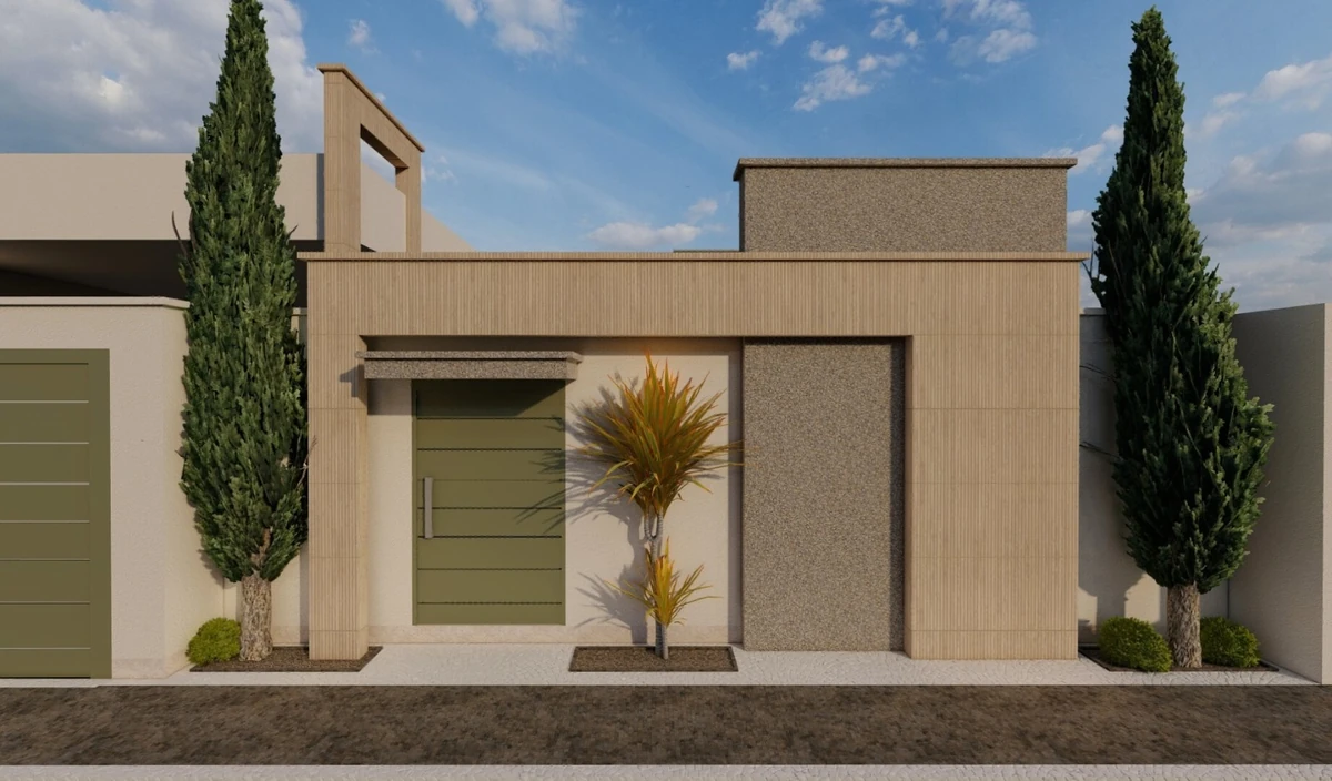 Fachada frontal com pórtico em ripado cerâmico, faixa de granilite e porta verde.
