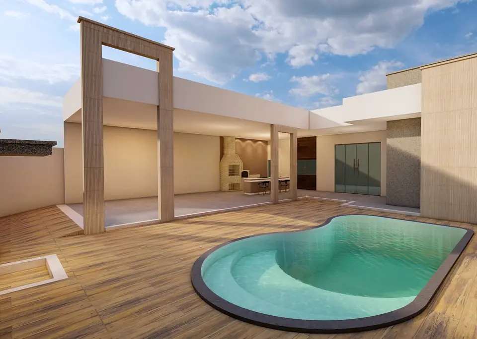 Piscina de borda orgânica no pátio, com deck amadeirado e pórtico ao fundo.